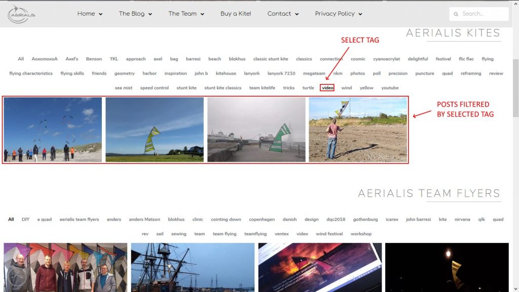 The Tag Filter in use, displaying blog posts including the tag VIDEO