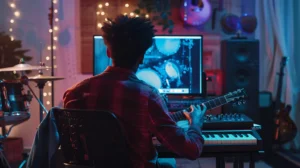 A music composer in front of his computer - AI
