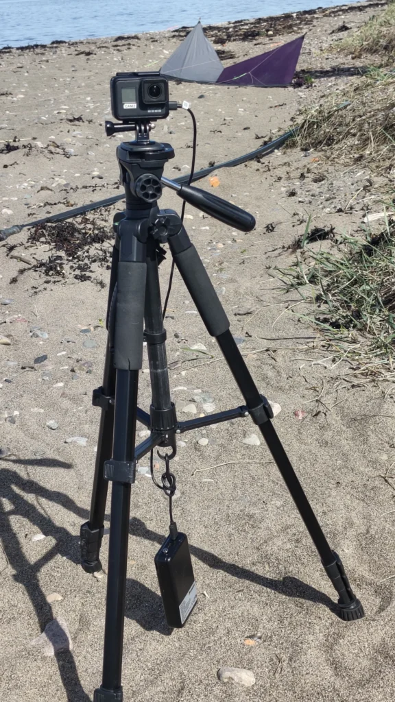 The full rig, the GoPro camera, the tripod and the power bank