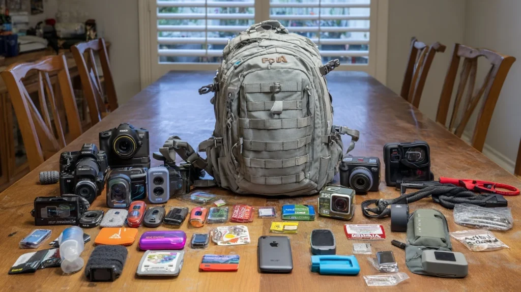 A table full of camera gear