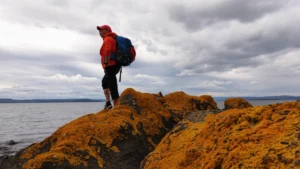 Sven is standing on the yellow lava rocks watvhing the sea